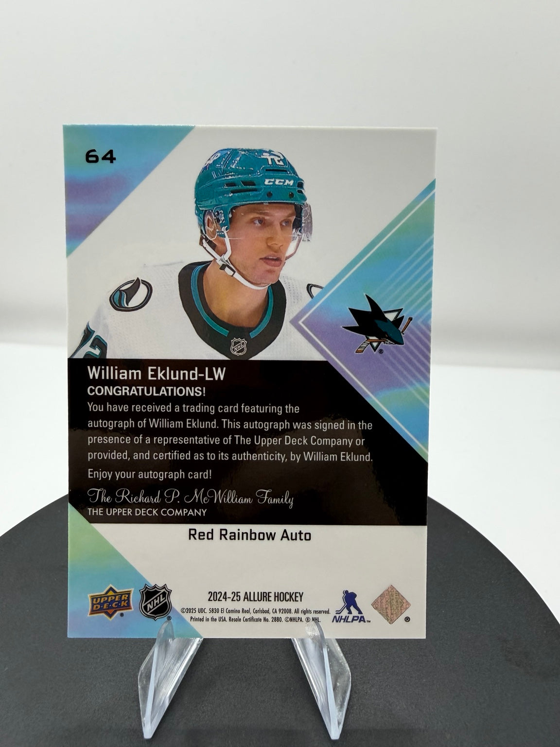 William Eklund Red Rainbow Auto #64 2024-25 Upper Deck Allure Sharks Autograph