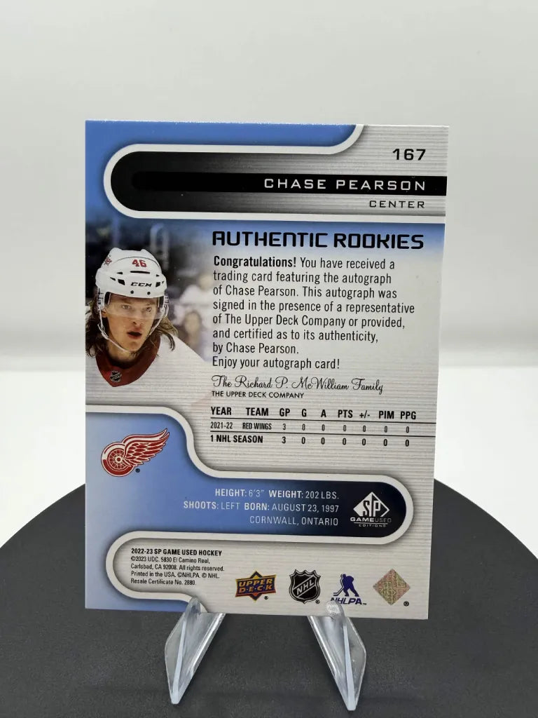 Chase Pearson Authentic Rookies Auto #167 2022-23 SP Game Used Red Wings RC