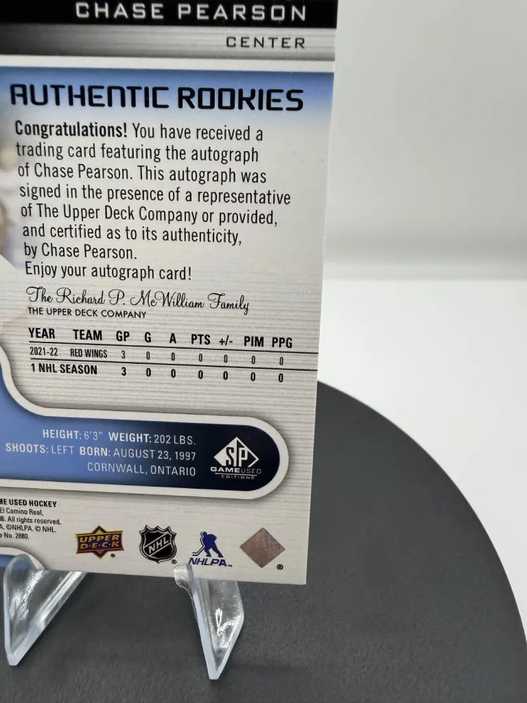 Chase Pearson Authentic Rookies Auto #167 2022-23 SP Game Used Red Wings RC