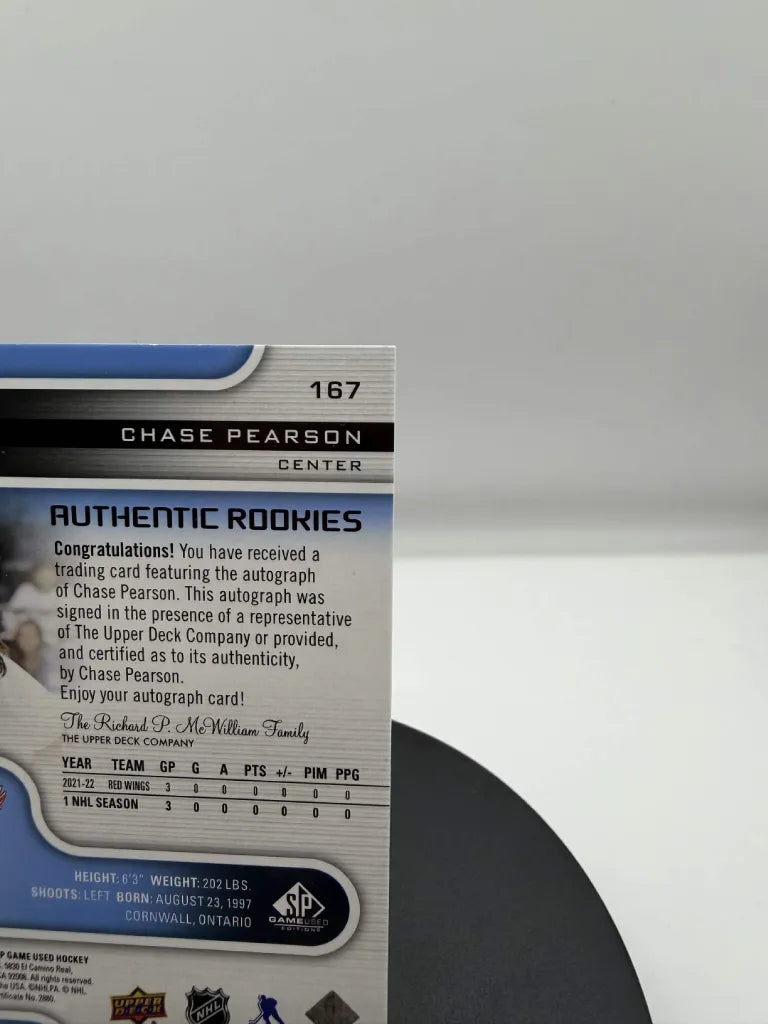 Chase Pearson Authentic Rookies Auto #167 2022-23 SP Game Used Red Wings RC